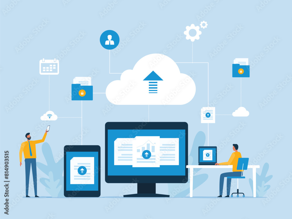Aufkleber Business flat vector design technology cloud computing server service storage with administrator and developer team working with cloud connect concept

