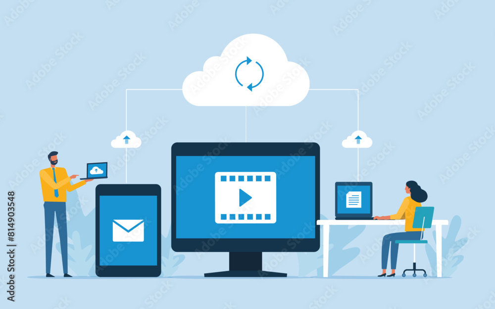 Aufkleber Business flat vector design technology cloud computing server service storage with administrator and developer team working with cloud connect concept
