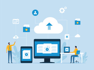 Business flat vector design technology cloud computing server service storage with administrator and developer team working with cloud connect concept

