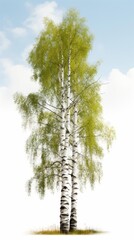 Fototapeta premium Two tall birch trees with green leaves against a white background