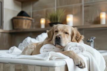 Content golden retriever lounges in a luxurious bath at a dog spa, surrounded by candles and plush towels, exuding tranquility