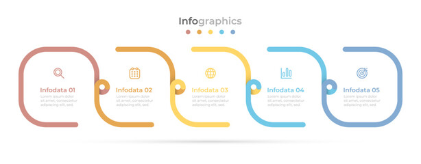 Vector infographic design template with a timeline process featuring 5 options, parts, or steps, suitable for workflow layout, diagrams, web design, and data visualization.