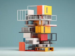 Abstract architectural models flat design front view unconventional structures theme animation Splitcomplementary color scheme