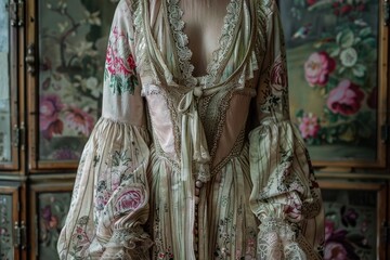 A silk robe with an intricate floral print and delicate lace trim paired with a beaded headband and long gloves. The background is a lavish dressing room in a grand mansion
