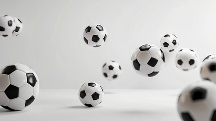 Soccer balls flying in the air.