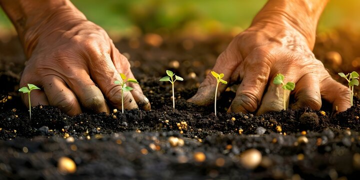 Closeup of farmers hands planting seedlings in dark nutrien. Concept Farming, Gardening, Agriculture, Seedlings, Planting
