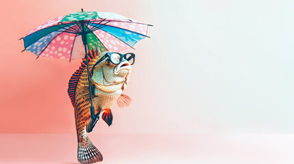 Creative image of tropical fish with umbrella and spectacles on light pink background