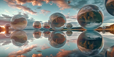 Multiple reflective spheres floating above a tranquil lake, mirroring the sunset sky and clouds. Surreal composition blends natural beauty with futuristic elements
