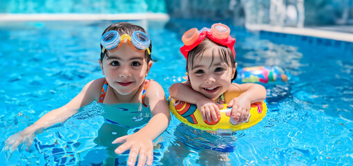 Two young girls are in a pool, one of them holding a yellow float. Scene is happy and playful