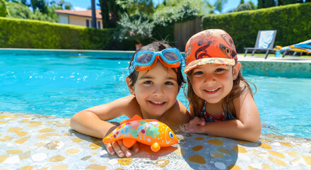 Two children are in a pool, wearing goggles and smiling. Scene is happy and playful