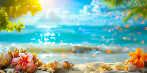 Summer beach scene with tropical flowers, plants, starfish and shells on the sand. Summer banner, copy space