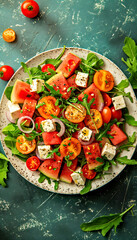A plate of salad with a watermelon, tomatoes, feta, arugula and onions.