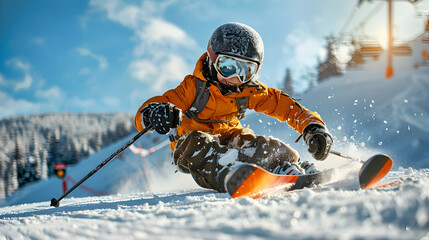 Photo realistic as Teen with spina bifida joyfully skiing with adaptive equipment showcasing resilience, inclusion, and the thrill of winter sports in a concept with copy space and - Powered by Adobe