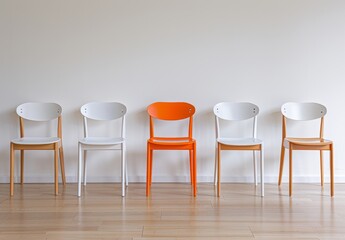 Obraz premium Orange chair stands in the middle of four white chairs on an empty light wooden floor, against a white wall