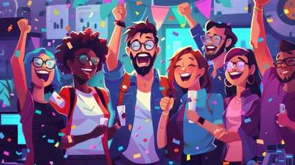 Illustration of a podcast host celebrating a milestone episode with special guests