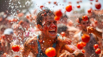the tomato fight, with participants covered in red pulp, throwing tomatoes in the spirited battle