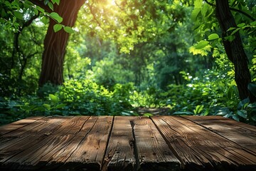Beautiful wooden wooden table with forest green leafy background,