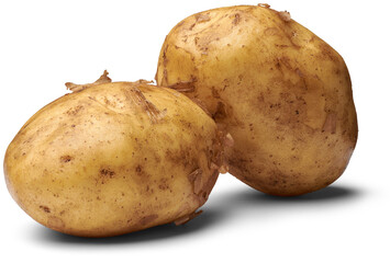 close-up of unpeeled raw potatoes, starchy, tuberous vegetables with skin isolated white background