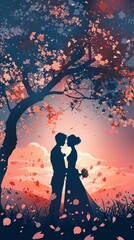 Capture the anticipation of a pre-wedding couple in a rear view shot under a cherry blossom tree, their silhouettes softly blending with the sunset hues