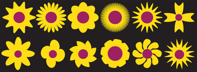 Spring flower set. Colorful flowers collection. Gerbera, sun flower, chrysanthemum, daisy chamomile daffodil. Growing concept. Fresh blooming elements. Flat design. Isolated Black background. Vector 