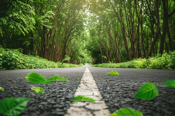 Empty road flanked by lush green trees and foliage, evoking a sense of solitude and unending journey. Concept of travel, exploration, and environmental conservation.