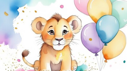 watercolor illustration of a lion cub with balloons on a white background, suitable for a nursery or children's room, for invitation, card, sticker and banner.