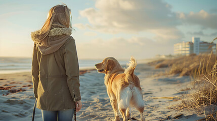 A woman with a hearing aid joyfully training her dog at the beach   strong bond and outdoor joy