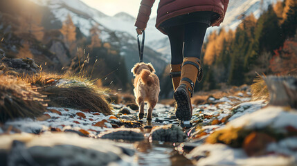 Woman with prosthetic leg enjoying a hike with her dog, embracing inclusion and outdoor adventure in a joyful photo realistic concept
