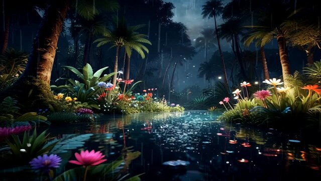 Fantasy view of tropical forest park at night. The forest is decorated with many beautiful colorful flowers and clear rivers. Seamless looping video animation virtual background.