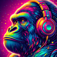 Digital art vibrant colorful gorilla with headphones listening to music