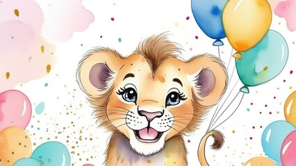 Fototapeta premium watercolor illustration of a lion cub with balloons on a white background, suitable for a nursery or children's room, for invitation, card, sticker and banner.