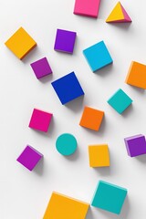 Subtle 3D effect of colorful geometric shapes floating on a white background