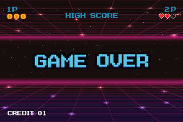 GAME OVER. Synthwave wireframe net illustration. pixel art .8 bit game. retro game. for game assets .Retro Futurism Sci-Fi Background. glowing neon grid. and stars.