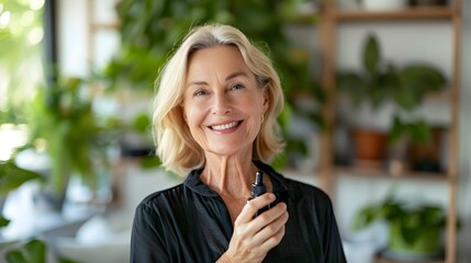 Confident Middle-Aged Businesswoman Holding Glass Bottle with Pipette description:This image