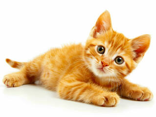 Fototapeta premium A small orange kitten is laying down on a white background.
