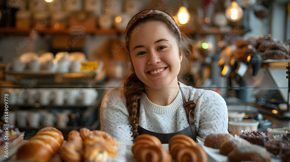 Wall mural empowering photo realistic imagery: young woman with down syndrome joyfully working at caf?, highlig