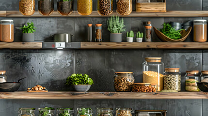 Fototapeta na wymiar Stylish Zero Waste Kitchen Tiles Concept with Bulk Food Storage and Compost Bins in Photo Realistic Design for Eco Friendly Home Decor in Adobe Stock