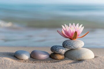 A group of stones with a pink water lily on the sand