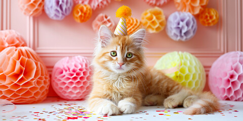 Adorable ginger cat dons a party hat, posing amidst a festive background of colorful paper decorations, with confetti adding to the celebratory vibe