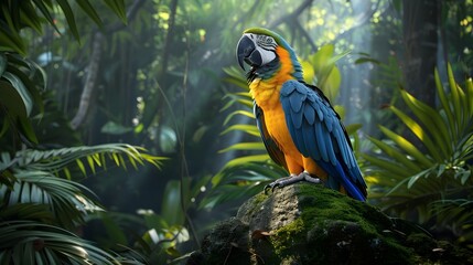 Vibrant Macaw Parrot Perched on Moss-Covered Rock in Moody Jungle Landscape