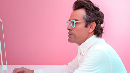 Creative designer with trendy glasses is immersed in his work, surrounded by a playful and stylishly minimalistic pink setting