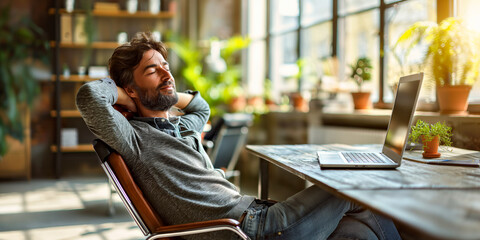 Relaxed entrepreneur takes a satisfying break in a cozy, bohemian-styled workspace, reflecting a casual approach to modern business