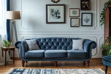 A stylish living room interior with antique furniture. Classic sofa on wooden floor. Panorama.