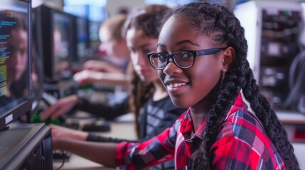 Several young girls are diligently using computers in a computer lab setting.