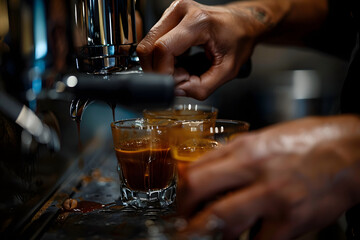 a barista's hands pulling espresso shots with precision and skill, showcasing the art and science of espresso extraction