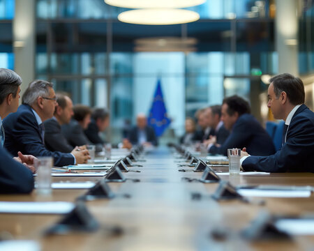 illustration of Formal Negotiations Strategic Discussions at an International Summit showing blur european flag in the background