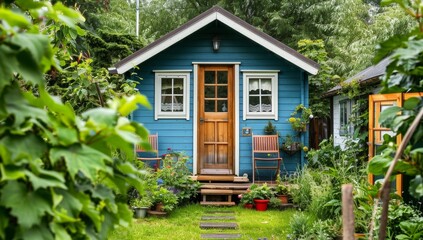 Small, bright blue tiny house with white trim and a wooden front door stands in the center.