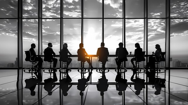 A group of professionals are sitting in a conference room, looking out at the city skyline. They are discussing the future of their company. - Powered by Adobe