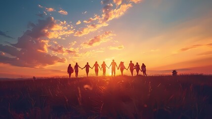 A group of diverse people of all ages stand together in a field, holding hands and watching the sunset