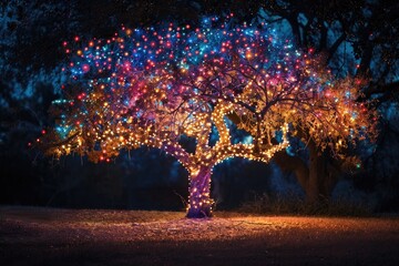 A tree decorated with lights in dark view